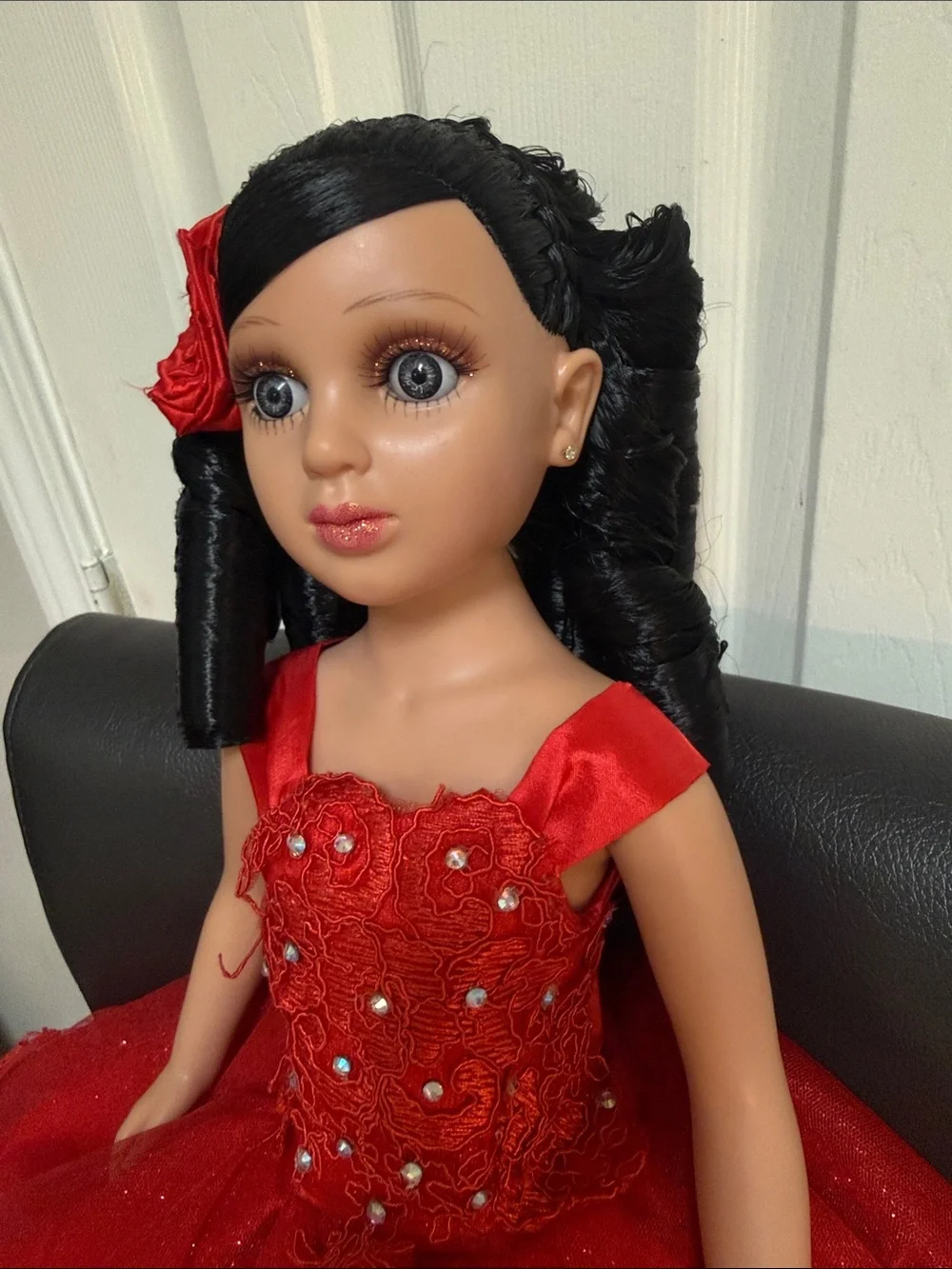 24-inch Quinceañera Keepsake Doll Wearing A Layered, sparkly Red Gown.